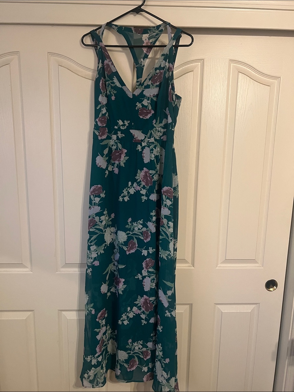 New York & Company Teal Floral V-Neck Maxi Dress